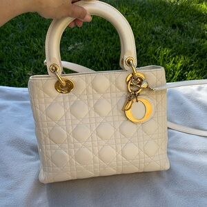 Christian Dior Lady Dior Cream Quilted Top-Handle Bag with Gold Hardware Vintage